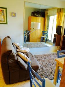 a living room with a brown couch and a mirror at Appartment Plein Soleil in Golfe-Juan