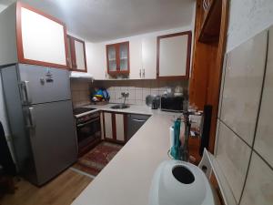 a small kitchen with a refrigerator and a sink at Holiday House ILRA - Ilidža in Hrasnica