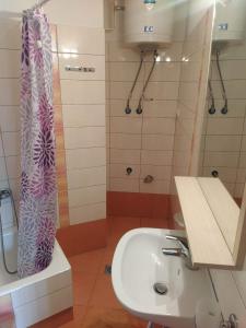 ein Badezimmer mit Duschvorhang und Waschbecken in der Unterkunft Arachova Cozy in Arachova
