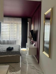 a bedroom with a bed and a mirror at Apartament led w pobliżu Zakopanego ! in Nowy Targ