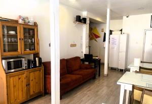 a living room with a couch and a microwave at Alberg Els Andes in Andorra la Vella