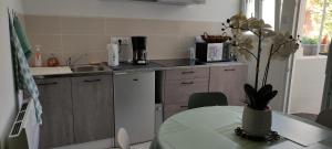 a kitchen with a table and a counter top at Le nid de Mary in Joux-la-Ville