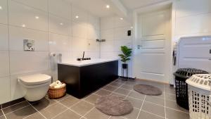 a bathroom with a toilet and a sink and a tub at Volandstind Panorama Fredvang Lofoten in Fredvang +28 photos