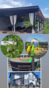 a collage of pictures of a house and a playground at Casa dintre munti in Novaci