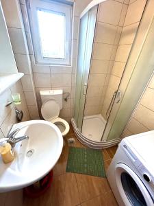 a bathroom with a sink and a shower and a toilet at Banjski cvet in Vrnjačka Banja +7 photos