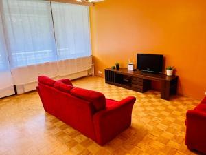 a living room with two red chairs and a television at Апартаменты в Иматре in Imatra