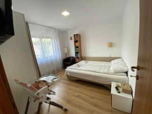 a bedroom with a bed and a chair in a room at Mi casa su casa in Lăzarea