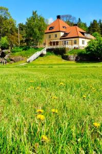 a house in a field of green grass with yellow flowers at Grinda Wärdshus in Grinda