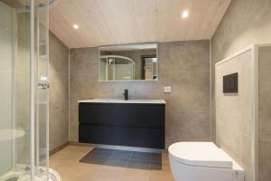 a bathroom with a sink and a toilet and a mirror at Mountain View Apartment - penthouse in Stranda