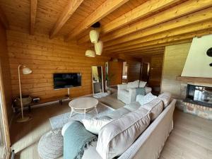 un salon avec un canapé et une cheminée dans l'établissement Chalet dans un écrin de verdure avec SPA privatif, à Jeanménil