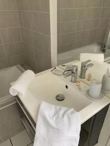 a bathroom with a sink and a mirror at Très grand appartement ancien avec petit jardin in Nevers