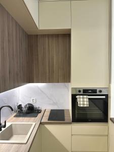 a kitchen with a sink and a stove top oven at LU Apartment in Novi Sad