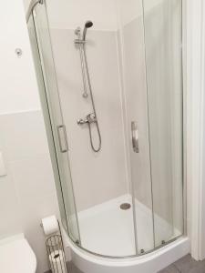 a shower with a glass door in a bathroom at Prechodná stanica in Brezno