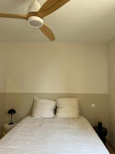 a bedroom with a bed with a ceiling fan at Appartement Champollion 2 in Figeac