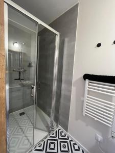 a shower with a glass door in a bathroom at Appartement Champollion 2 in Figeac