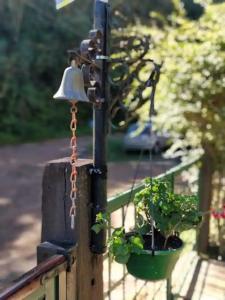 een licht op een hek met een potplant bij Pousada Florada na Serra - Apto 5 in Campos do Jordão +1 foto
