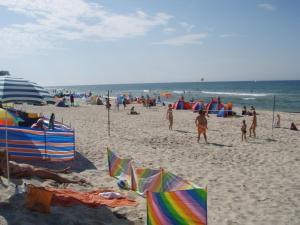 a group of people on a beach with the ocean at Ferienhof Nonnevitzer Strand, Typ B in Dranske
