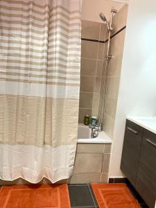 a bathroom with a shower curtain and a sink at Charmant appart près du métro et aux portes de Paris in Saint-Ouen +18 photos