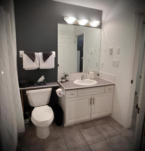 a bathroom with a toilet and a sink with a mirror at Modern Dream at Fairmont in Fairmont Hot Springs +44 photos