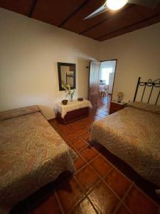 a bedroom with two beds and a mirror on the wall at Villa Toliso in Alora +11 photos