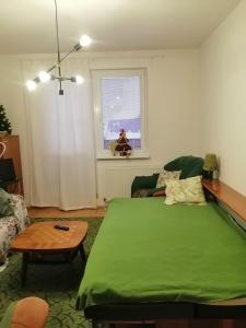 a living room with a green bed and a table at EMMA in Nová Lesná