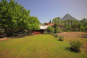 un cortile con una casa e una montagna sullo sfondo di YAVUZ MOTEL ADRASAN a Kumluca