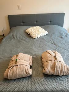 RijsenhoutにあるB&B Schiphol Amsterdamのベッド1台(タオル2枚付)