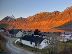 a small village with a road next to a mountain at FeelSenja Gryllefjord Holiday House in Gryllefjord