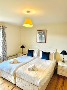 a bedroom with two beds with blue pillows at No 10 Ard Na Mara in Dingle