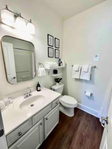 a bathroom with a sink and a toilet and a mirror at Stylish Cozy Family Cottage with Golf Cart - 1 mile to Dwntn Ocean Springs and beach in Ocean Springs +43 photos
