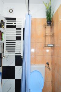 een badkamer met een toilet en een blauw douchegordijn bij YNA House in Boekarest +24 foto's