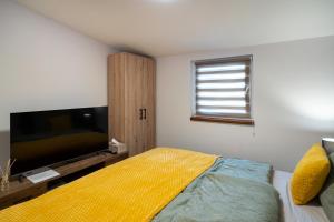 a bedroom with a bed and a flat screen tv at TT Relax - Private Jakuzzi - Hajdúszoboszló in Hajdúszoboszló