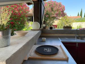 a kitchen with a sink and a plate on a counter at Studio Le Pitchoun in Pernes-les-Fontaines