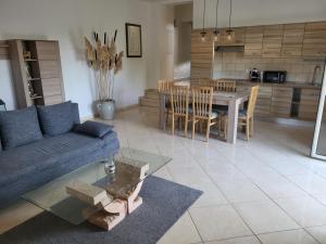 een woonkamer met een blauwe bank en een tafel bij Maison jumelée clôturée in Linguizzetta +6 foto's