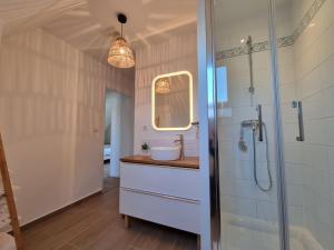 ein Badezimmer mit Waschbecken und Dusche in der Unterkunft Cottage L'évasion des 2 caps-5 personnes- bord de mer in Audinghen + 30 Fotos