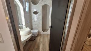 a bathroom with a sink and a toilet and a mirror at Alta Vista Apartments in Agkidia +24 photos