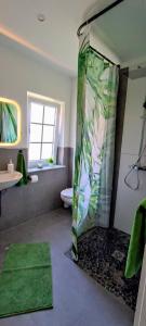a bathroom with a shower with a green at Alte Dorfschule im Recknitztal in Selpin