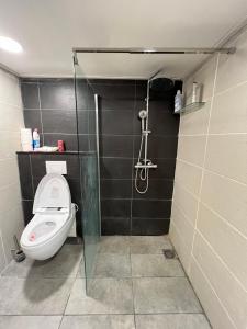 a bathroom with a toilet and a shower at The Horse Farm in Garnwerd