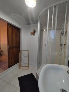 a bathroom with a shower and a white sink at Au Pti' Bonheur in Saint-Coulomb
