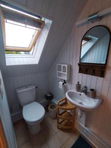 a bathroom with a sink and a toilet and a mirror at Au Pti' Bonheur in Saint-Coulomb