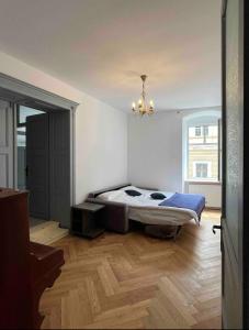 Un dormitorio con una cama en la esquina de una habitación. en Old town luxury segment, en Brasov