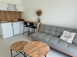 a living room with a couch and tables and a kitchen at Apartmani Asovic in Budva