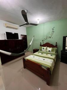 a bedroom with a hammock bed and a ceiling fan at Casa Toledo Chetumal in Chetumal