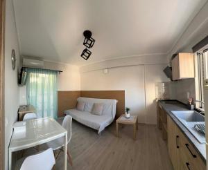 a kitchen and living room with a couch in a room at John Baker's Apartments in Polychrono