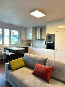 Una sala de estar con un sofá y una cocina. en Comfy Stay Apartment, en Trenčín