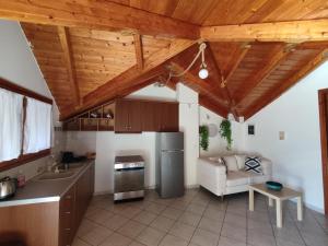a kitchen with wooden ceilings and a couch in a room at Chloe attic in Agia Effimia