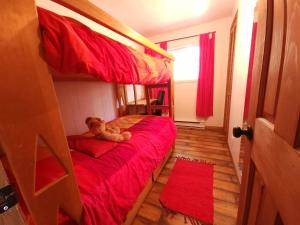 a teddy bear sitting on a bed in a bedroom at Maison au Pied du Mont Video in Barraute