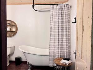 ein Badezimmer mit einer weißen Badewanne und einem Duschvorhang in der Unterkunft Close to Lake Blue Ridge, Hot Tub, Swing Beds in Morganton + 27 Fotos