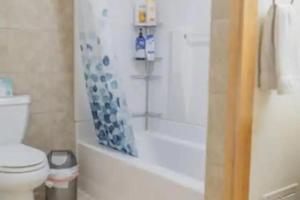 a bathroom with a shower with a toilet and a tub at Cabin in the woods Fairbanks, Alaska, United States in Fairbanks +5 photos