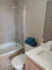 une salle de bain avec toilettes, douche et lavabo dans l'établissement Departamento Osorno centro, à Osorno 6 autres photos